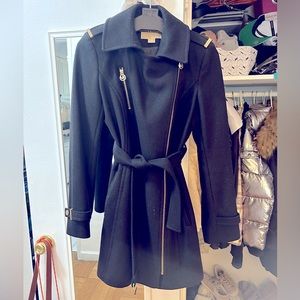 Michael Kors- belted wool blend coat with yellow gold hardware.